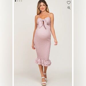 Pink Blush Mauve Gingham Print Smocked Fitted Self-Tie Maternity Midi Dress